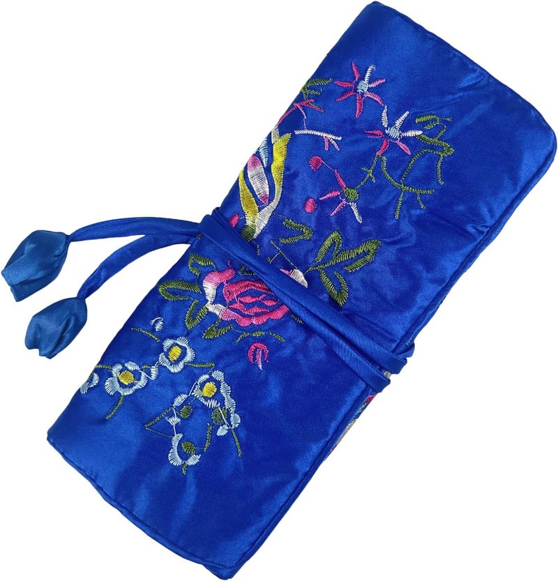 WEI LONG Jewelry Roll, Travel Jewelry Roll Bag,Silk Embroidery Brocade Jewelry Organizer Case with Tie Close (Blossom, Navy Blue) - Image 1